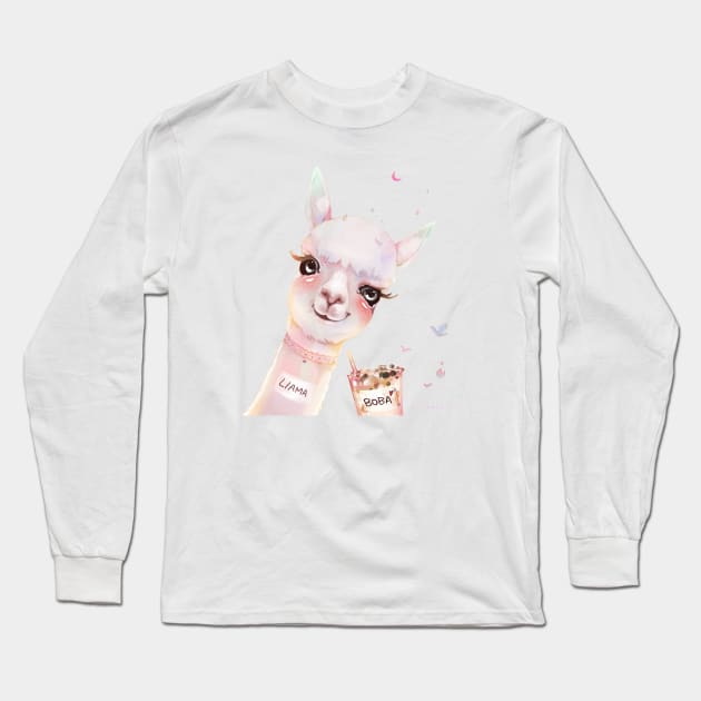 LLama Boba Long Sleeve T-Shirt by Miya Gu Art